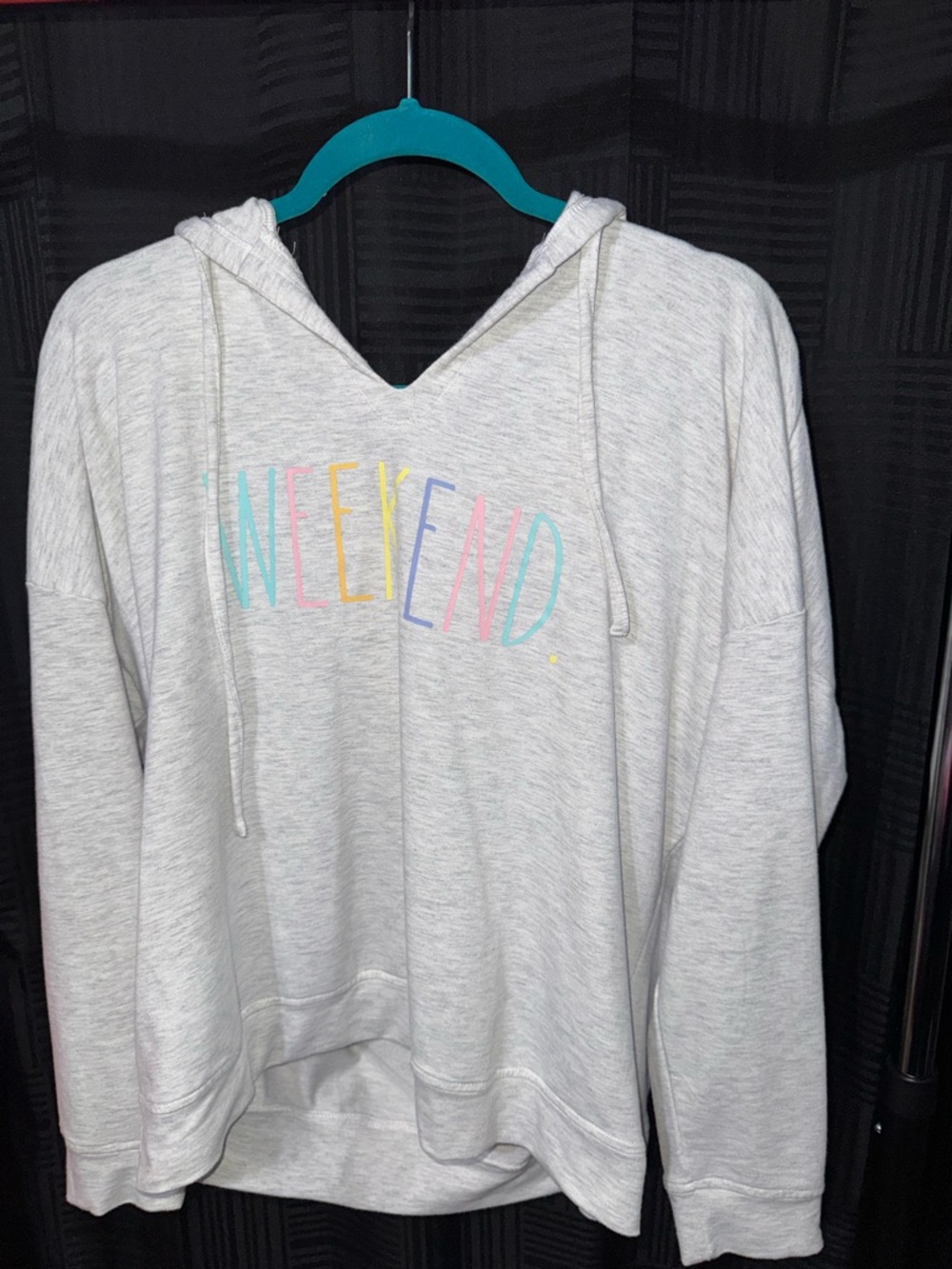 Rae Dunn Light Gray 'WEEKEND' Hoodie with Pastel Lettering